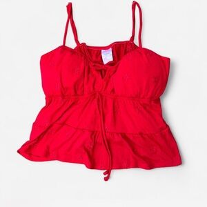 No Boundaries Red Babydoll top with flower embroidery